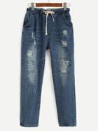 Romwe Blue Ripped Drawstring Waist Patch Jeans