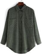 Romwe Lapel Plaid High Low Pockets Army Green Blouse