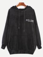 Romwe Black Drop Shoulder Letter Embroidery Velvet Hooded Pocket Sweatshirt