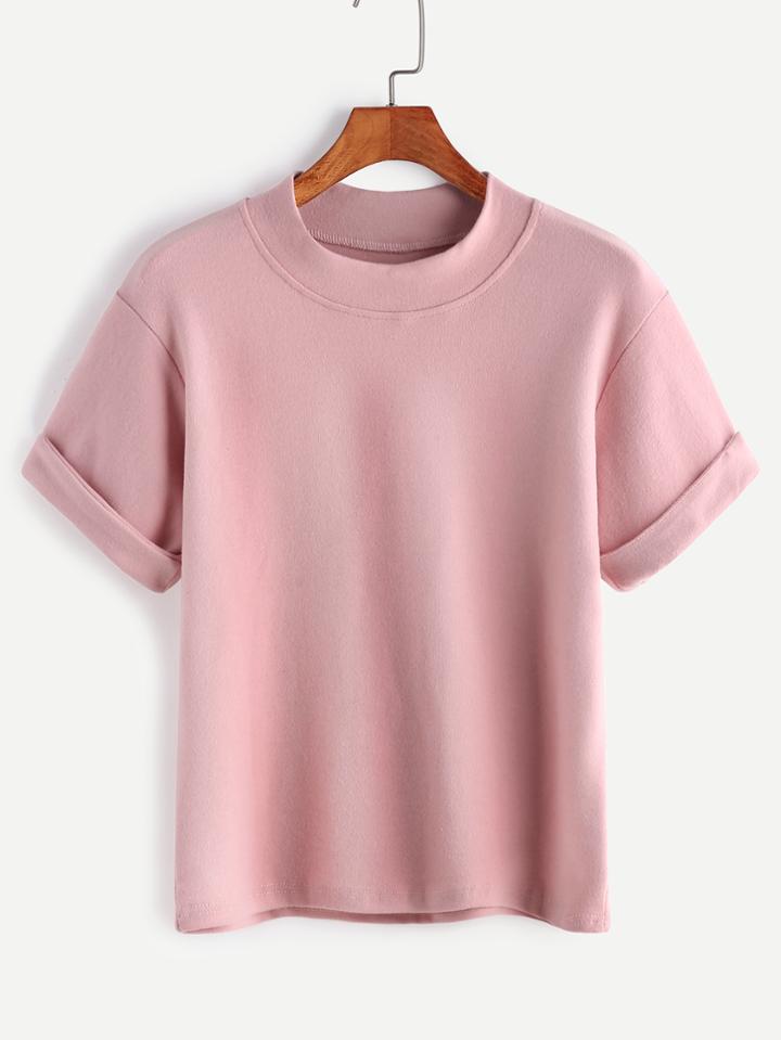 Romwe Pink Rolled Sleeve Casual T-shirt
