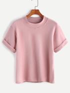 Romwe Pink Rolled Sleeve Casual T-shirt
