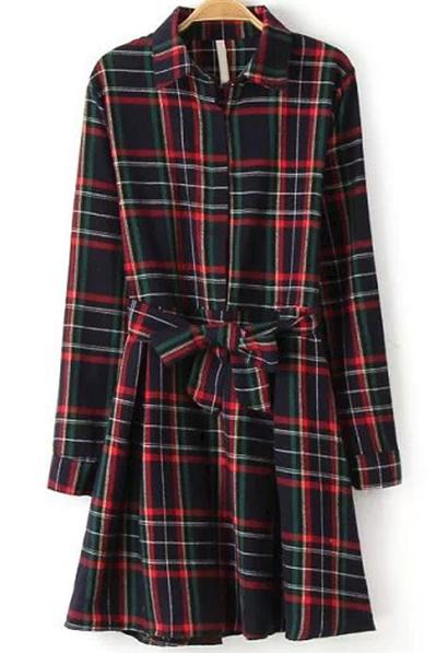 Romwe Check Print Tie-waist Blue Dress