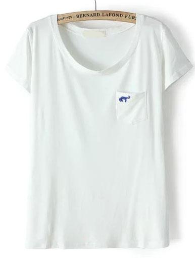 Romwe With Pocket Elephant Embroidered White T-shirt
