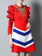 Romwe Red Color Block Ruffle Sleeve Beading Dress