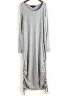 Romwe Grey Round Neck Long Sleeve Drawstring Long Dress