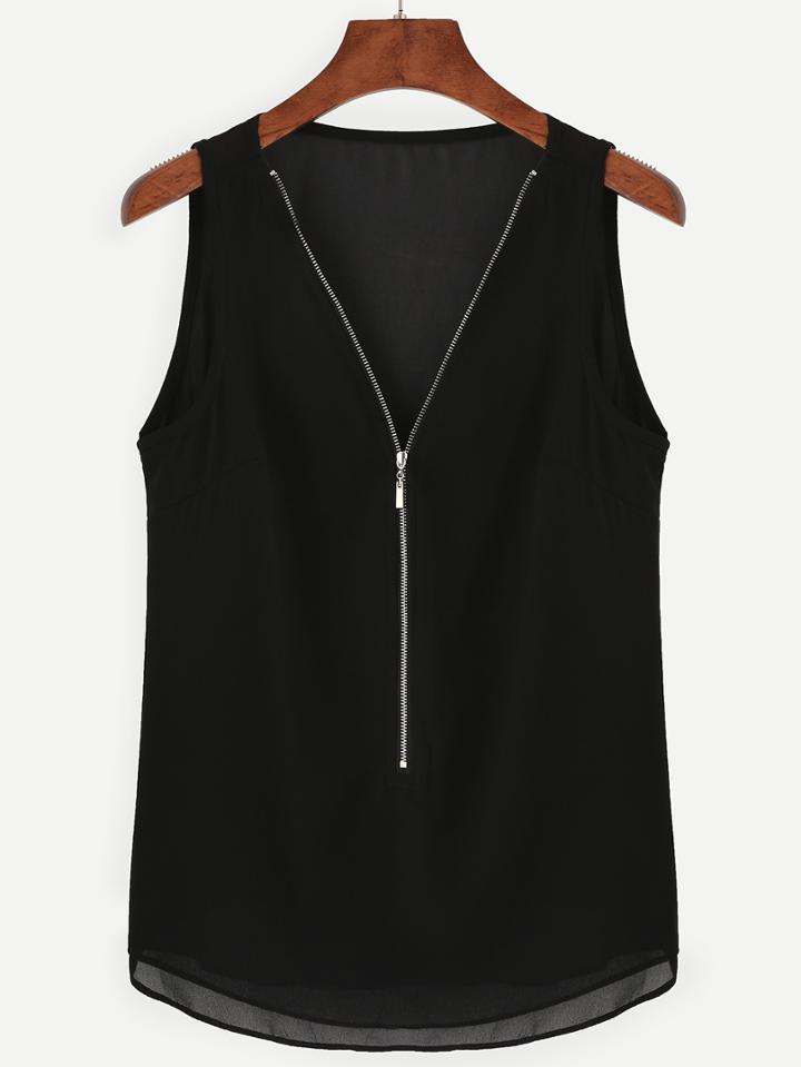 Romwe Black Zip Front Chiffon Tank Top