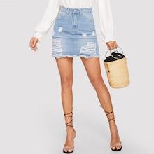 Romwe Pearl Beaded Bleach Bleach-dye Ripped Raw Hem Skirt
