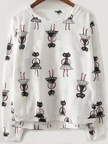 Romwe Cat Print Ripped T-shirt