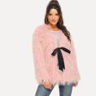 Romwe Knot Front V-neck Faux Fur Coat