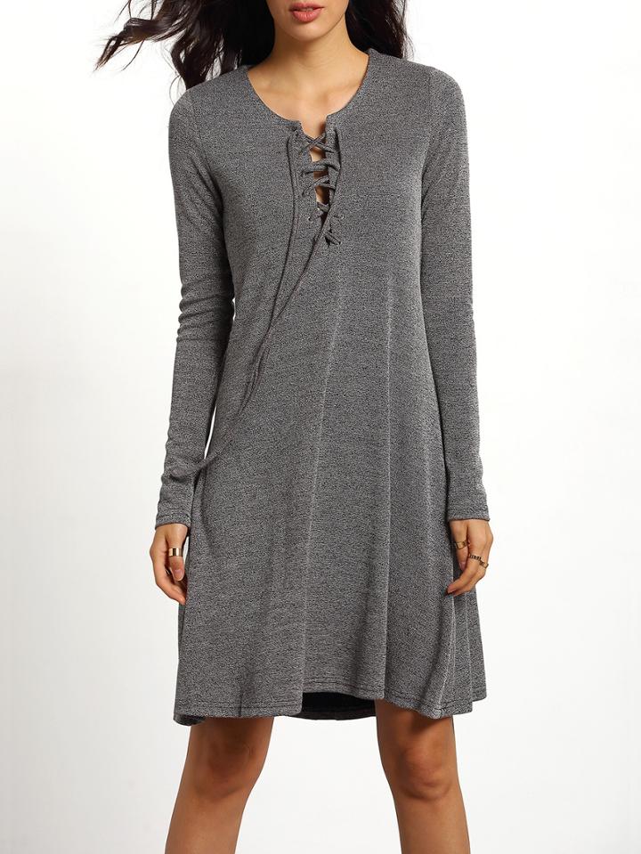 Romwe Grey Long Sleeve Lace Up Casual Dress