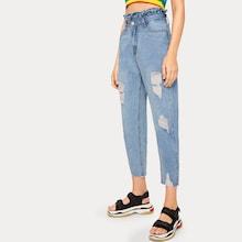 Romwe Button Waist Ripped Paperbag Jeans