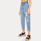 Romwe Button Waist Ripped Paperbag Jeans