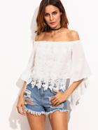 Romwe White Lace Overlay Bell Sleeve Off The Shoulder Top