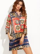 Romwe V Neck Ornate Print Button Front Dress