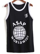 Romwe World Print Black Tank Top