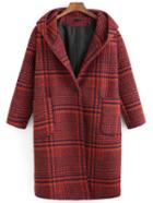 Romwe Hooded Plaid Pockets Woolen Coat