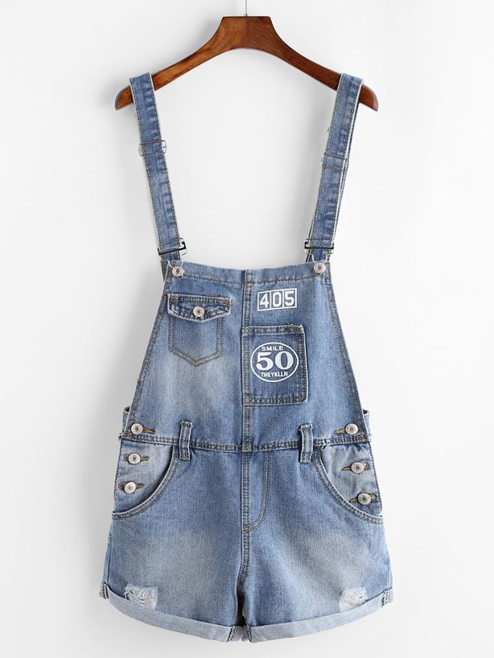 Romwe Number And Letter Print Denim Suspender Shorts
