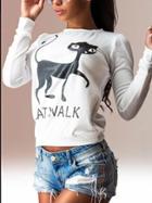 Romwe Cat Print White Long Sleeve T-shirt