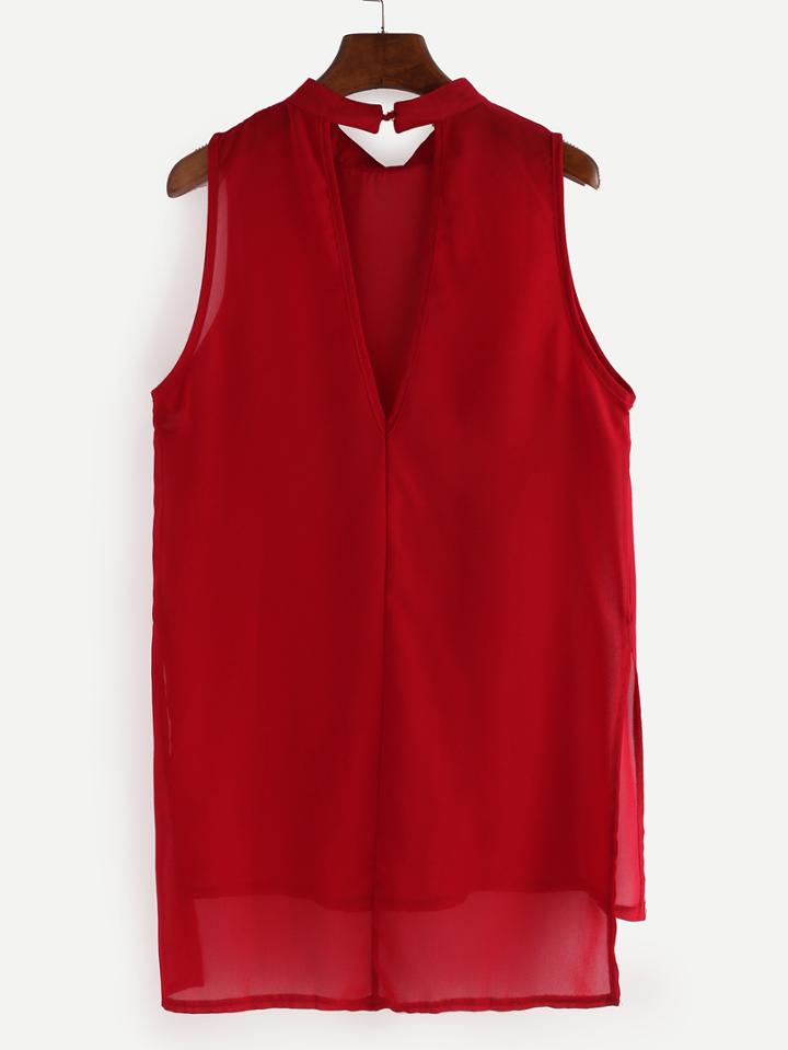 Romwe Burgundy High Low Cut Out Chiffon Tank Top