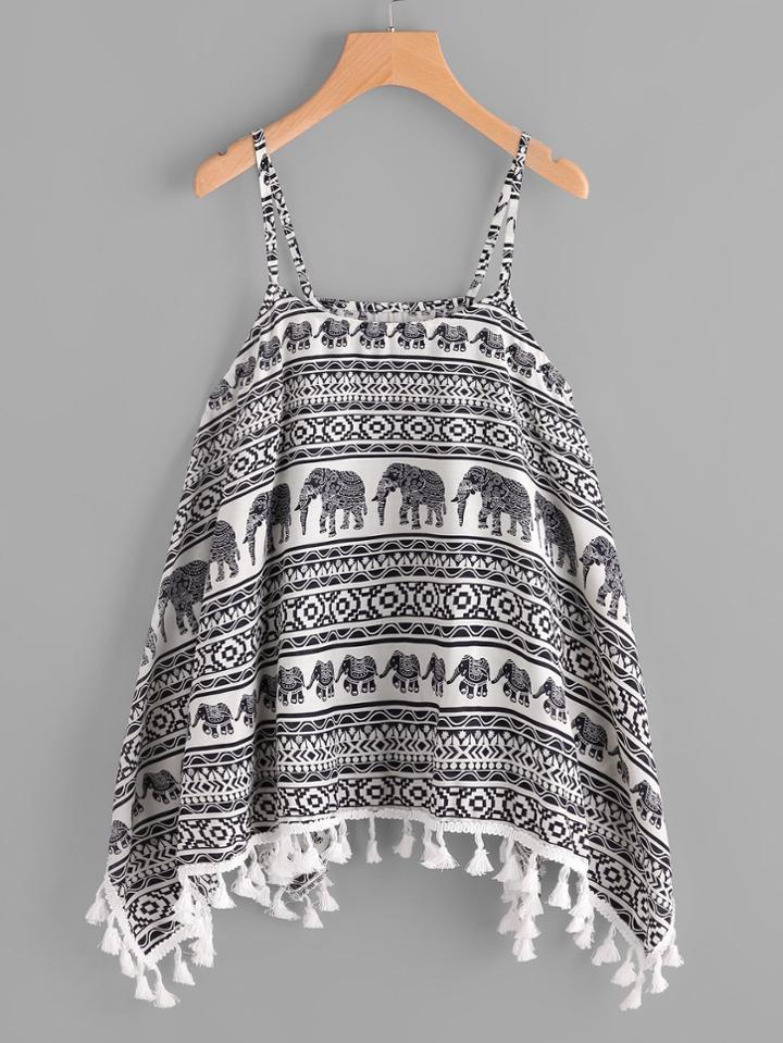 Romwe Elephant Print Fringe Trim Cami Top