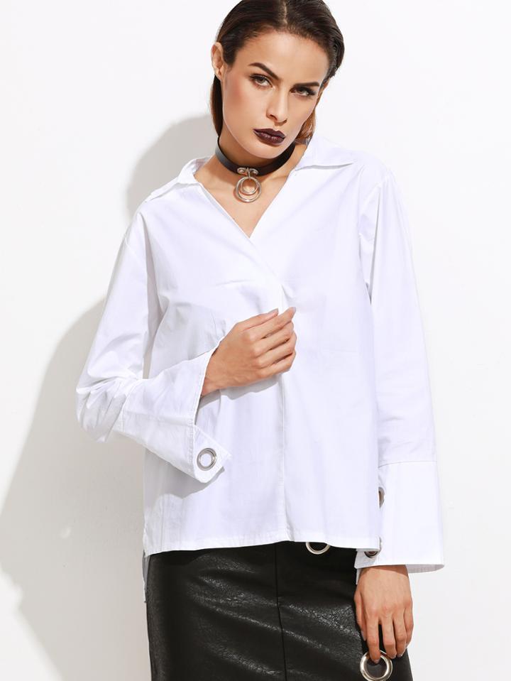 Romwe White Metal Eyelet Dip Hem Blouse