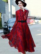 Romwe Red Round Neck Long Sleeve Drawstring Lace Dress