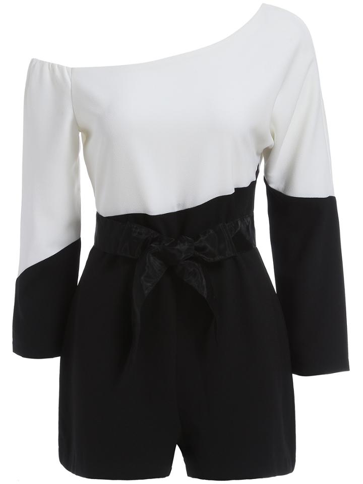 Romwe Color-block Oblique Shoulder Bow Romper