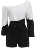 Romwe Color-block Oblique Shoulder Bow Romper