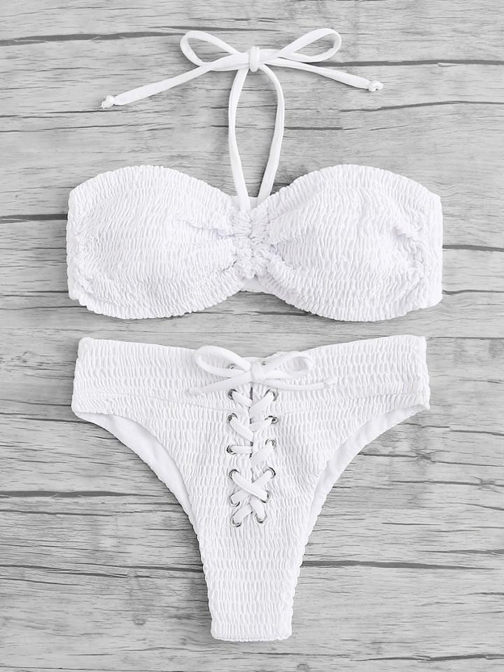 Romwe Lace Up Ruched Bikini Set