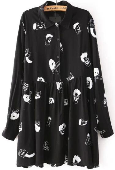 Romwe Black Long Sleeve Cartoon Print Blouse