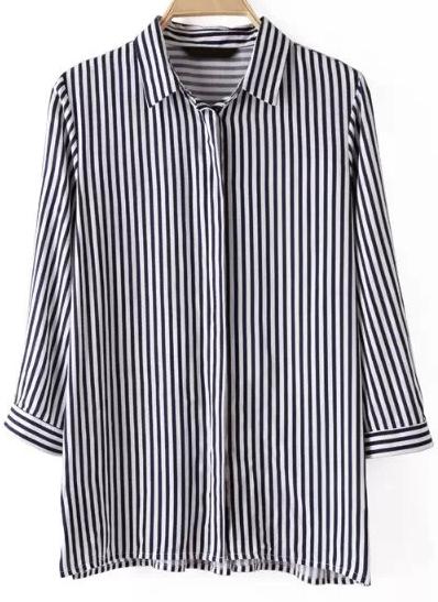 Romwe Navy White Lapel Vertical Stripe Blouse
