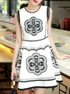 Romwe White Round Neck Sleeveless Embroidered Flare Dress