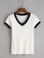 Romwe White Contrast Trim V Neck Ribbed Knitted T-shirt