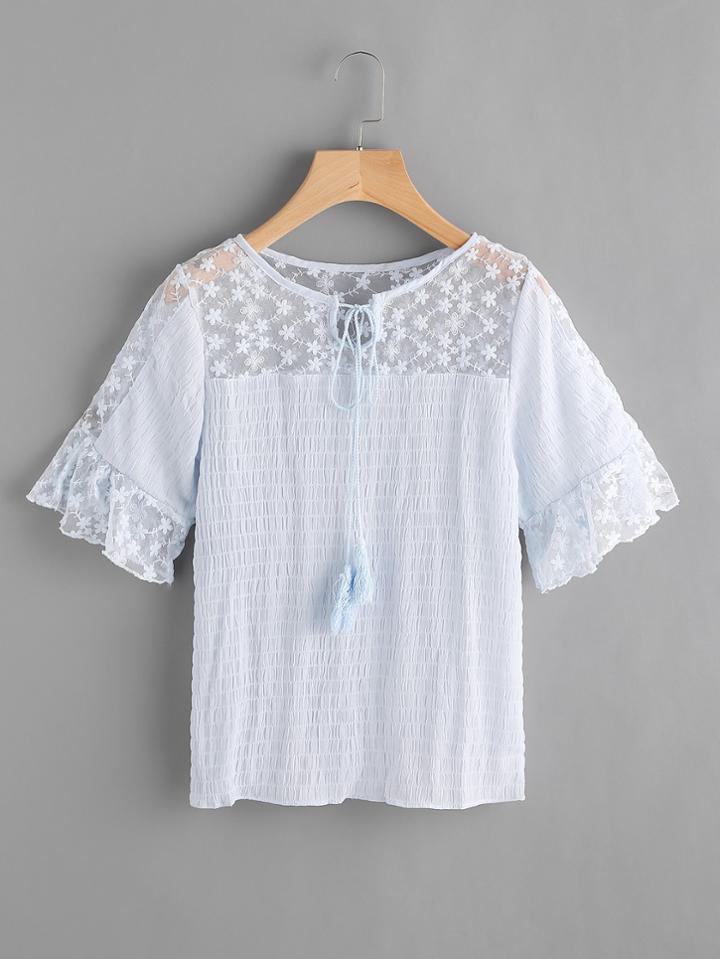 Romwe Lace Panel Self Tie Neck Pleated Blouse