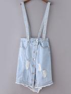 Romwe Light Blue Buttons Front Ripped Hole Denim Straps Skirt