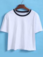 Romwe Contrast Collar Loose Crop White T-shirt
