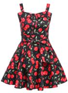 Romwe Strap Cherry Print Flare Black Dress