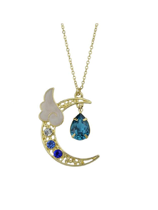 Romwe Blue Water Drop Shape Moon Wings Pendants Necklace