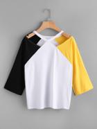 Romwe Cut Out Shoulder Contrast Sleeve Tee