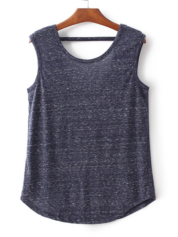 Romwe Navy Sleeveless Cutout Back T-shirt