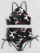 Romwe Grommet Lace Up High Waist Camouflage Bikini Set