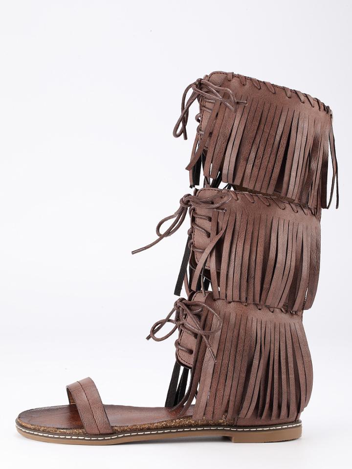 Romwe Camel Lace Up Tassel Flat Sandals