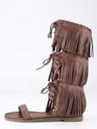 Romwe Camel Lace Up Tassel Flat Sandals