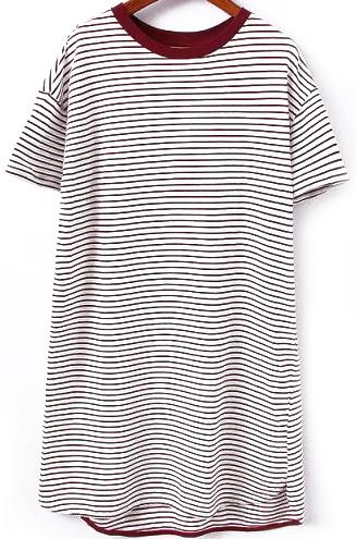 Romwe Contrast Collar Striped Shift Wine Red Dress