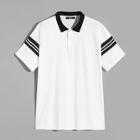 Romwe Guys Contrast Collar Striped Sleeve Buttoned Polo Shirt