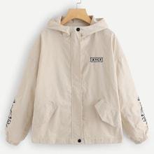 Romwe Drop Shoulder Embroidery Hooded Jacket
