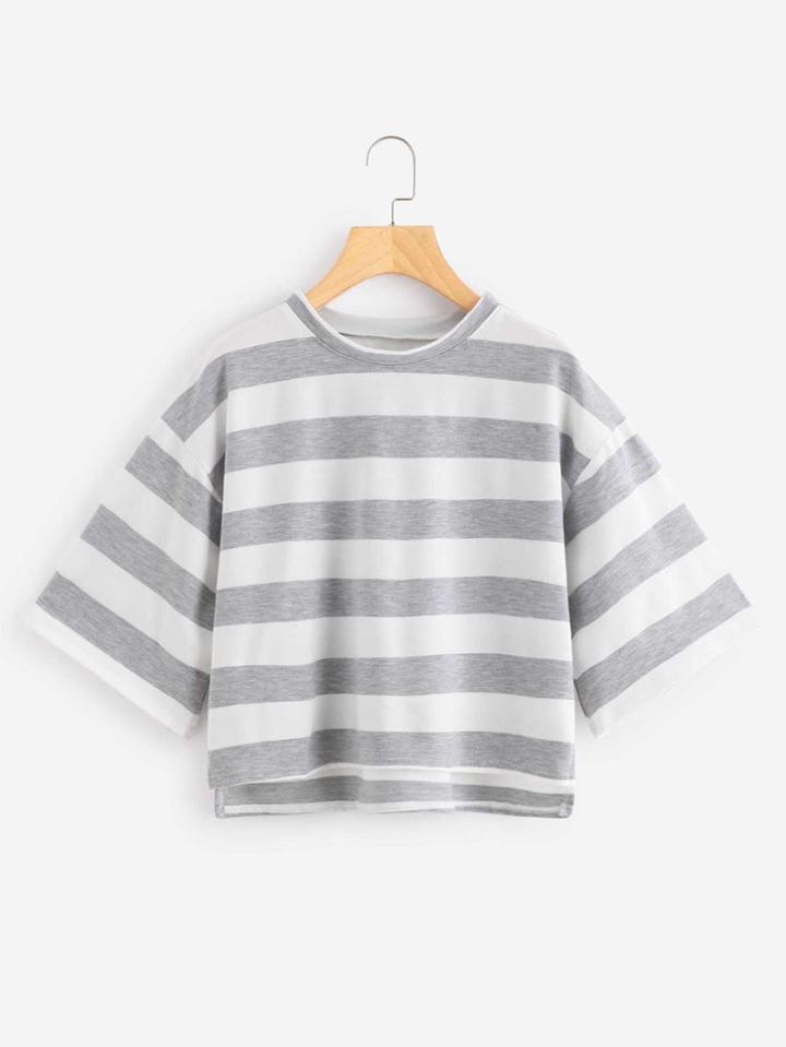 Romwe Dip Hem Wide Striped Tee
