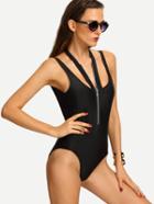 Romwe Zip Halter Neck Backless One-piece Swimwear - Black