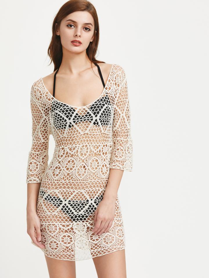 Romwe Scoop Neck Crochet Beach Cover Up