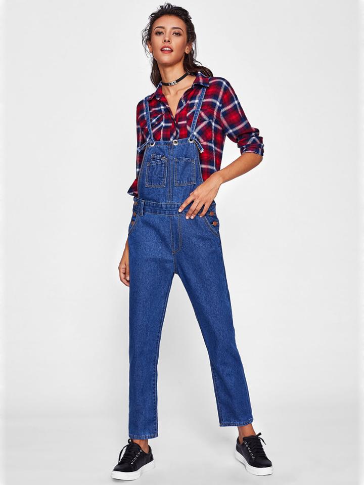 Romwe Pocket Front Denim Overalls